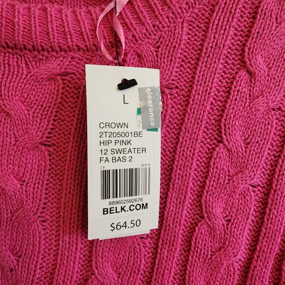 Crown & Ivy L Cable Knit Hot Pink Sweater Womens Pullover Cotton Blend - Picture 6 of 7